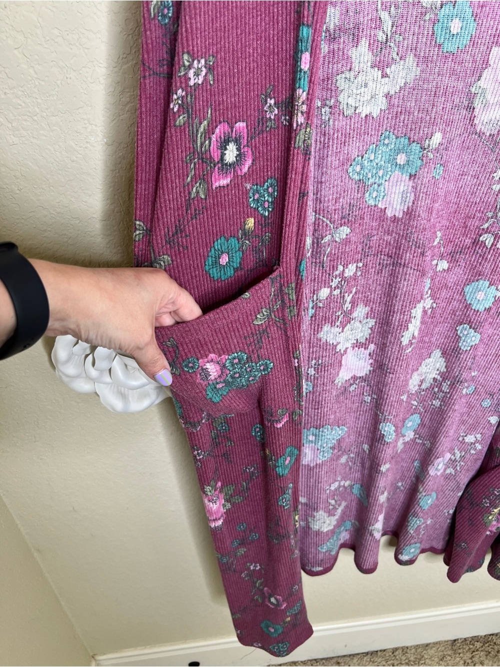 NTM: LuLaRoe Sarah Floral Duster Cardigan Large Pink Ribbed Open Front Pocketed - Picture 7 of 13